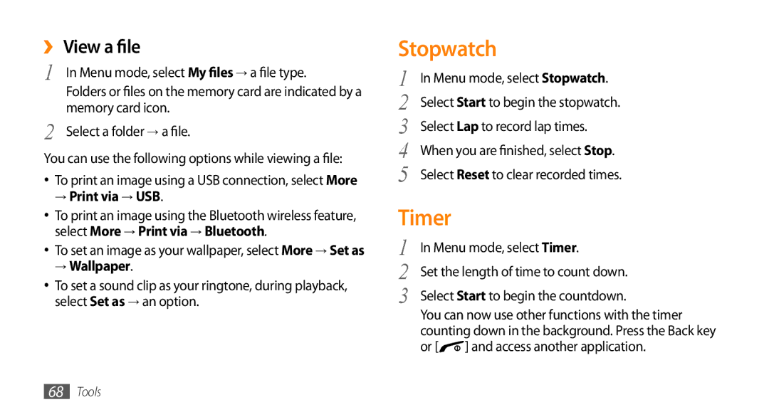 Samsung GT-B7722QKAMID, GT-B7722QKAAFR, GT-B7722QKATMC, GT-B7722QKAABS Stopwatch, Timer, ›› View a file, → Print via → USB 