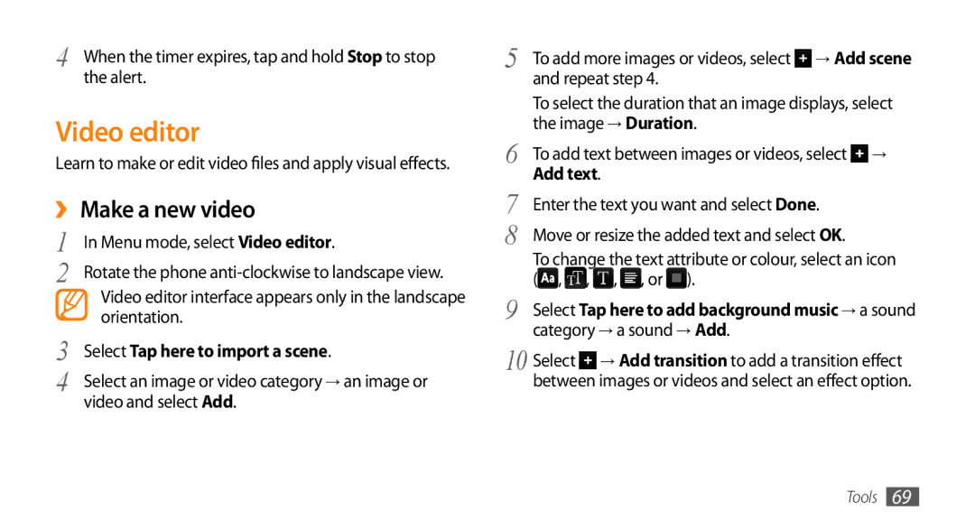 Samsung GT-B7722QKAMMC, GT-B7722QKAAFR manual Video editor, ›› Make a new video, Select Tap here to import a scene, Add text 