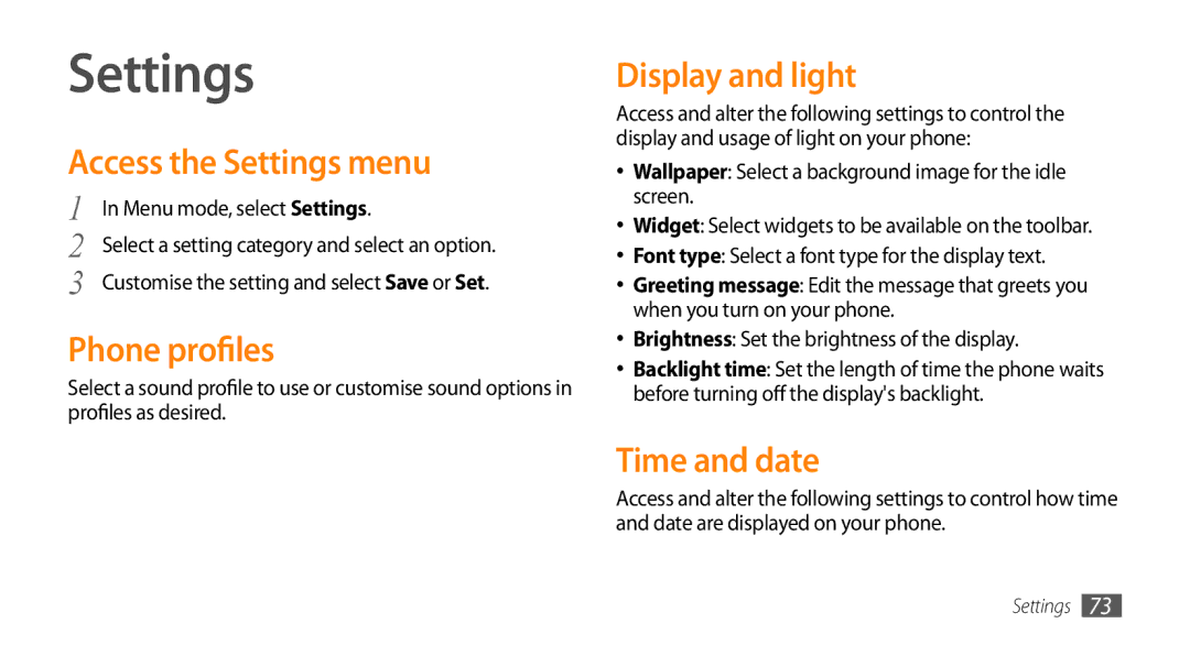 Samsung GT-B7722QKAABS, GT-B7722QKAAFR manual Access the Settings menu, Phone profiles, Display and light, Time and date 