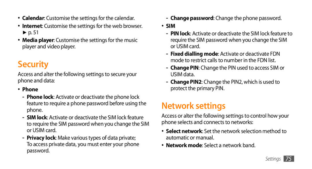 Samsung GT-B7722QKAKSA, GT-B7722QKAAFR, GT-B7722QKATMC, GT-B7722QKAABS, GT-B7722QKAJED manual Security, Network settings, Phone 