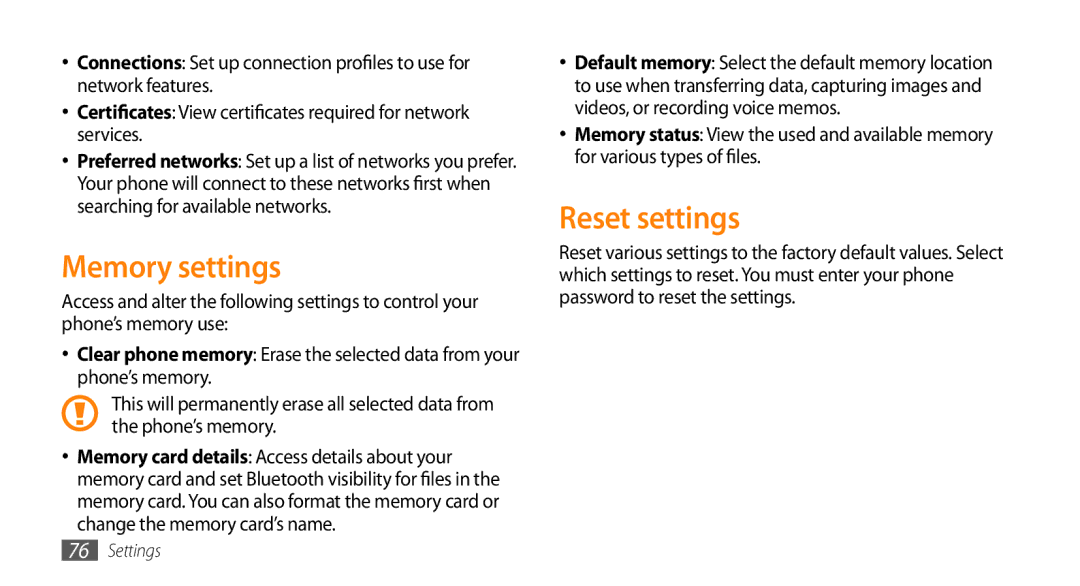 Samsung GT-B7722QKAEGY, GT-B7722QKAAFR, GT-B7722QKATMC, GT-B7722QKAABS, GT-B7722QKAJED manual Memory settings, Reset settings 