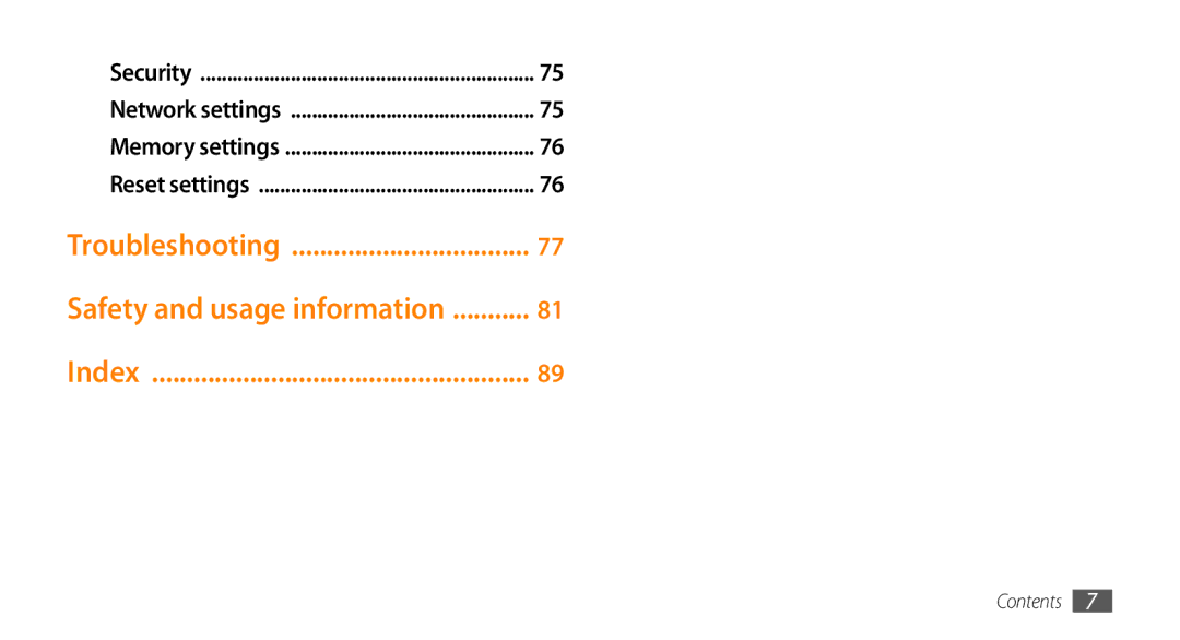 Samsung GT-B7722QKAECT, GT-B7722QKAAFR, GT-B7722QKATMC, GT-B7722QKAABS Troubleshooting Safety and usage information Index 