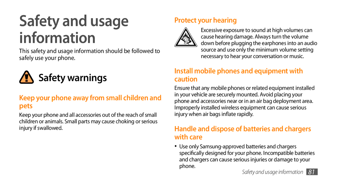 Samsung GT-B7722QKAMMC, GT-B7722QKAAFR manual Keep your phone away from small children and pets, Protect your hearing 