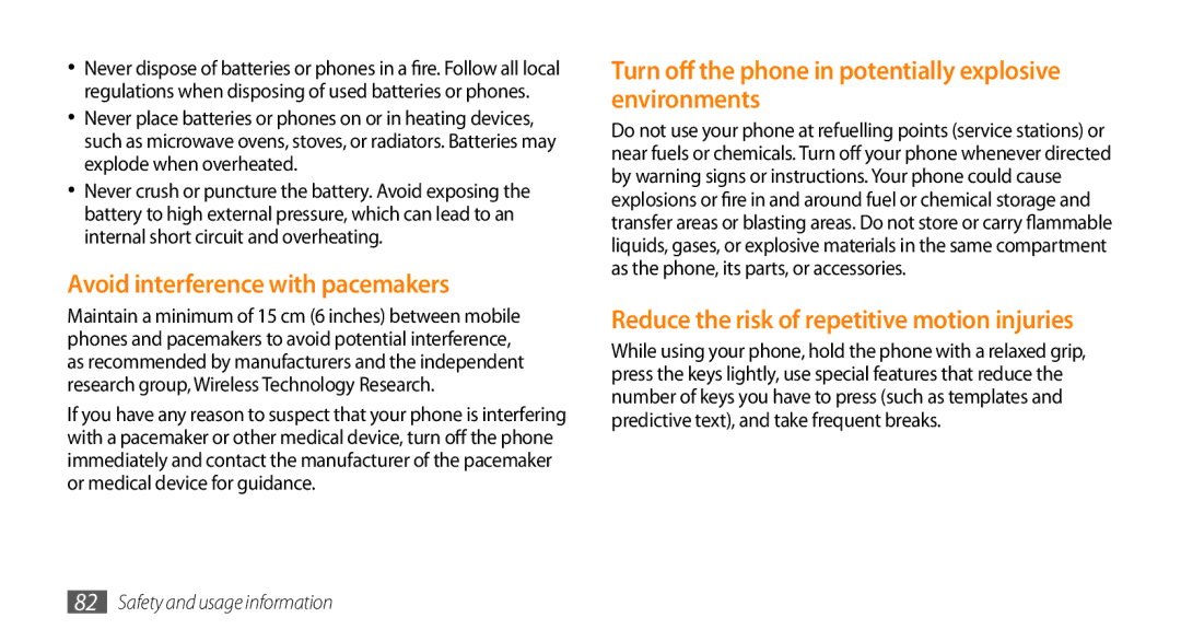 Samsung GT-B7722QKAPAK manual Avoid interference with pacemakers, Turn off the phone in potentially explosive environments 