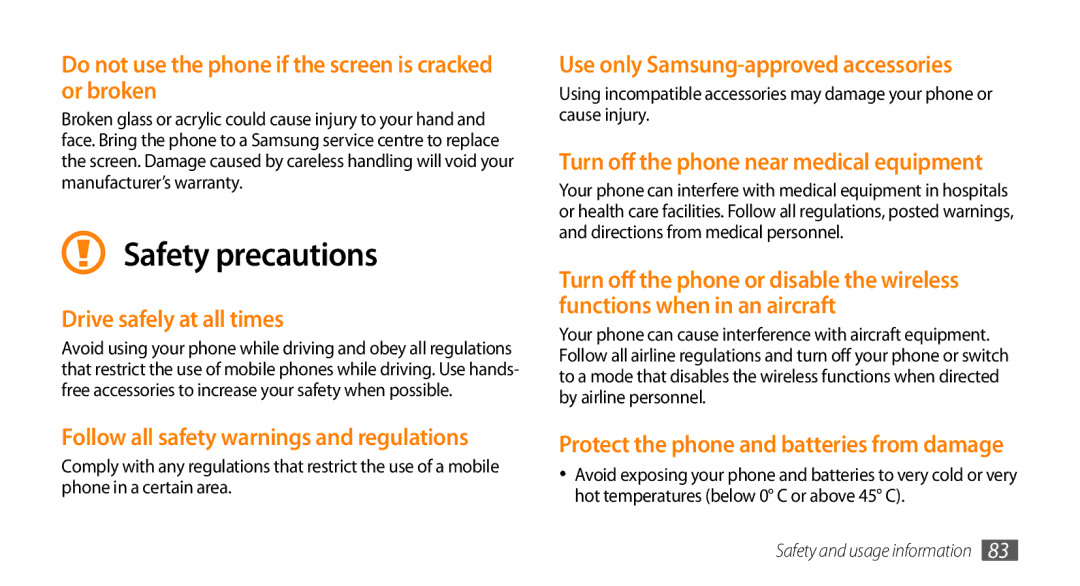 Samsung GT-B7722QKAAFR, GT-B7722QKATMC Do not use the phone if the screen is cracked or broken, Drive safely at all times 