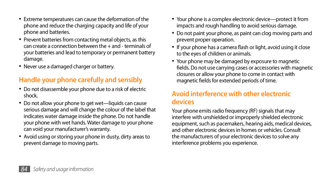 Samsung GT-B7722QKATMC manual Handle your phone carefully and sensibly, Avoid interference with other electronic devices 