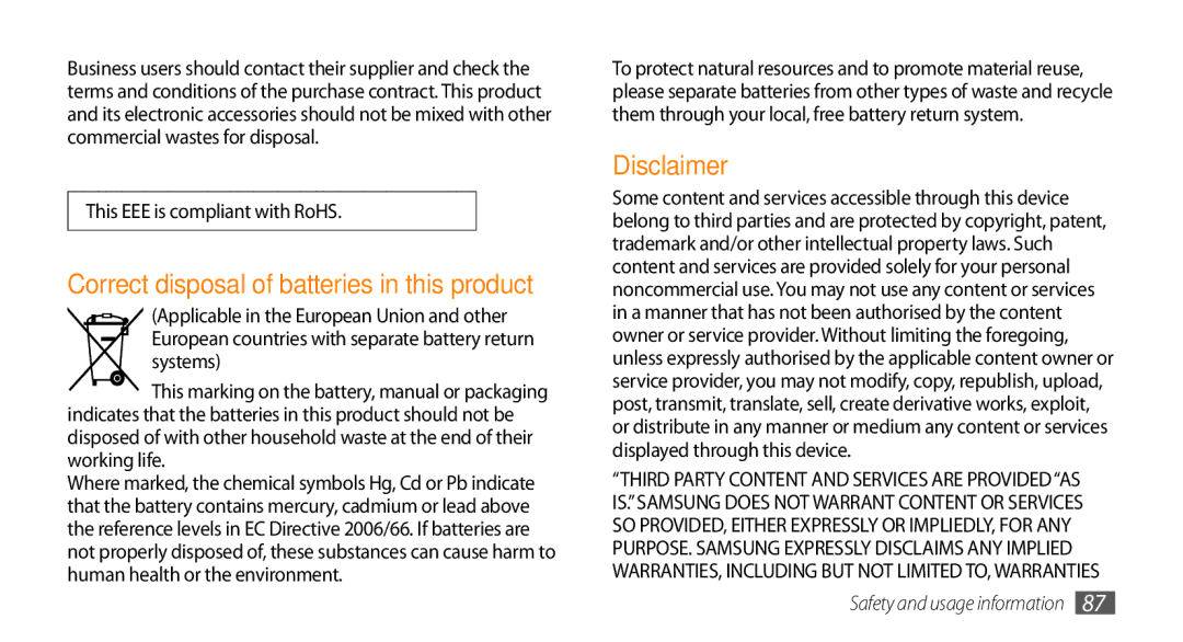 Samsung GT-B7722QKAKSA, GT-B7722QKAAFR, GT-B7722QKATMC manual Disclaimer, Correct disposal of batteries in this product 