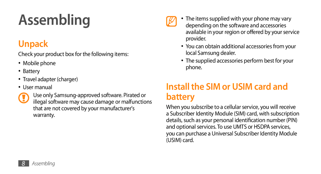 Samsung GT-B7722QKAMID, GT-B7722QKAAFR, GT-B7722QKATMC manual Assembling, Unpack, Install the SIM or Usim card and battery 