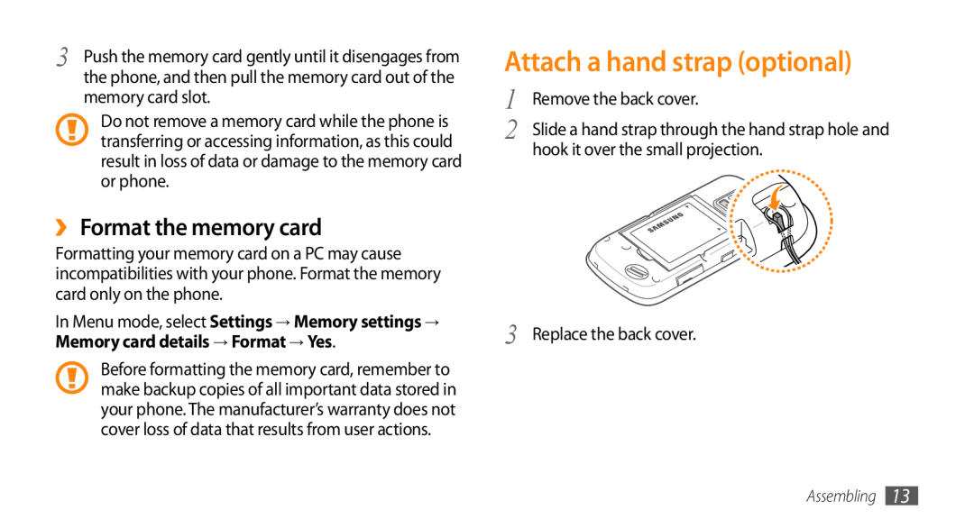 Samsung GT-B7722QKAABS, GT-B7722QKAAFR, GT-B7722QKATMC Attach a hand strap optional, ›› Format the memory card, Assembling 