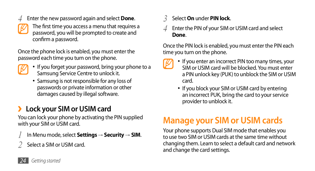 Samsung GT-B7722QKATMC manual Manage your SIM or USIM cards, ›› Lock your SIM or USIM card, Select a SIM or USIM card, Done 