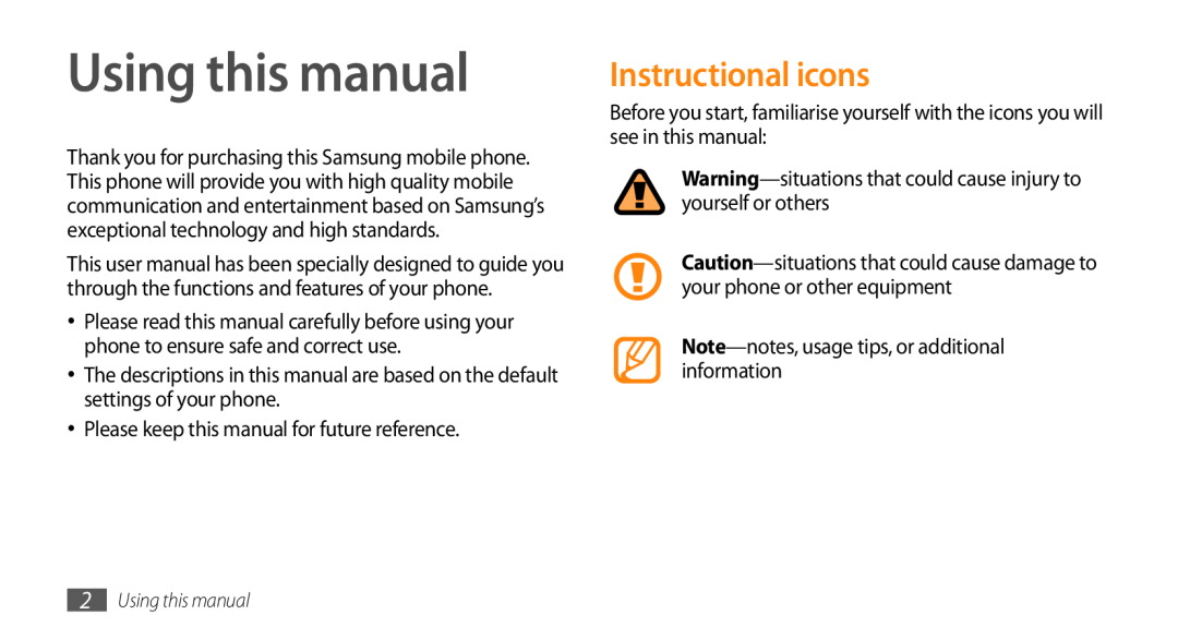 Samsung GT-B7722QKAJED, GT-B7722QKAAFR, GT-B7722QKATMC, GT-B7722QKAABS, GT-B7722QKAKSA Using this manual, Instructional icons 