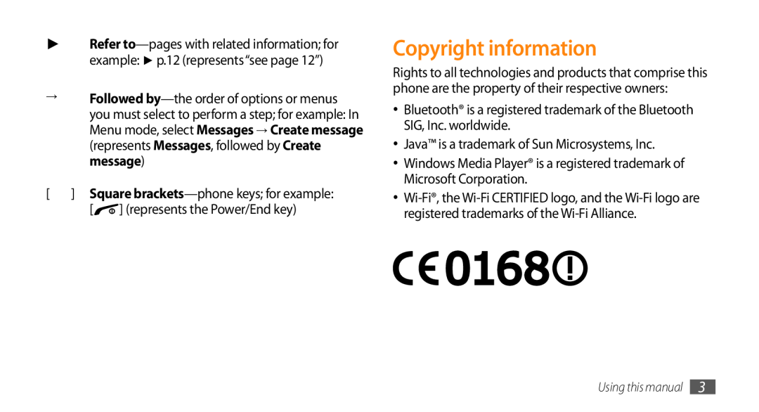Samsung GT-B7722QKAKSA Copyright information, represents the Power/End key, Java is a trademark of Sun Microsystems, Inc 
