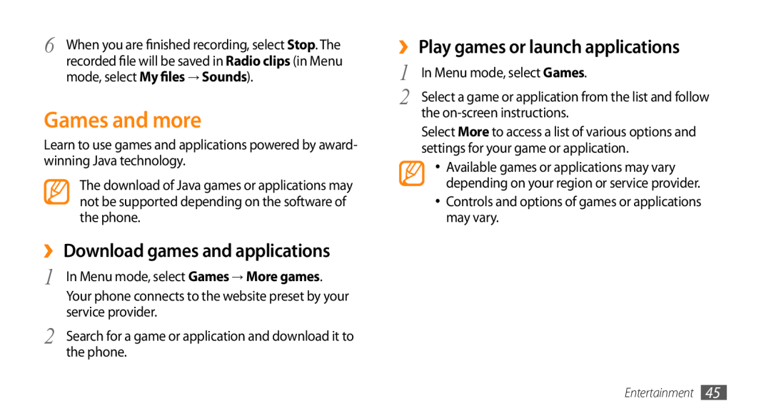 Samsung GT-B7722QKAMMC manual Games and more, ›› Download games and applications, ›› Play games or launch applications 