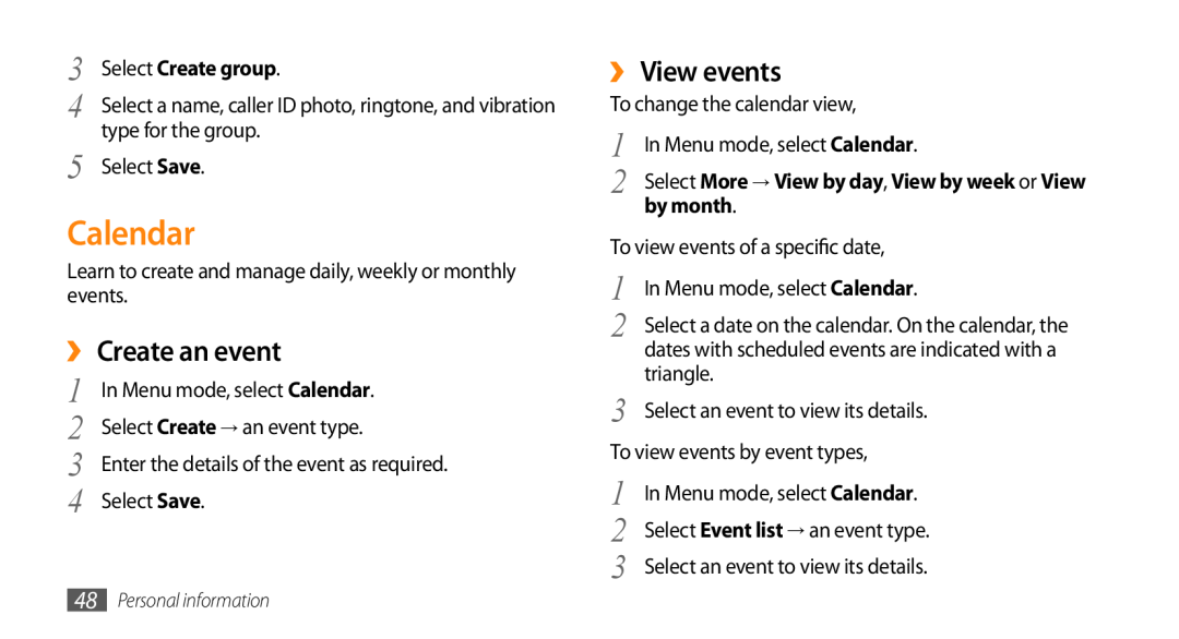 Samsung GT-B7722QKATMC, GT-B7722QKAAFR manual Calendar, ›› Create an event, ›› View events, Select Create group, by month 