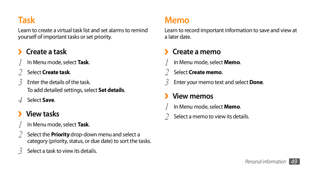 Samsung GT-B7722QKAABS Task, Memo, ›› Create a task, ›› View tasks, ›› Create a memo, ›› View memos, Select Create task 