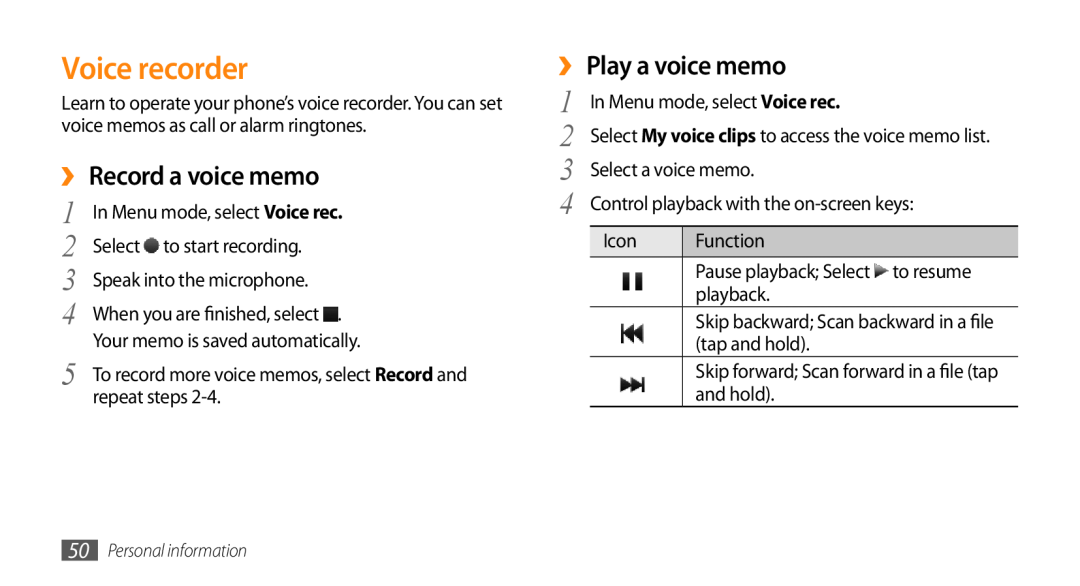 Samsung GT-B7722QKAJED, GT-B7722QKAAFR, GT-B7722QKATMC manual Voice recorder, ›› Record a voice memo, ›› Play a voice memo 