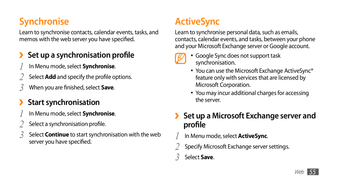Samsung GT-B7722QKAECT manual Synchronise, ActiveSync, ›› Set up a synchronisation profile, ›› Start synchronisation 