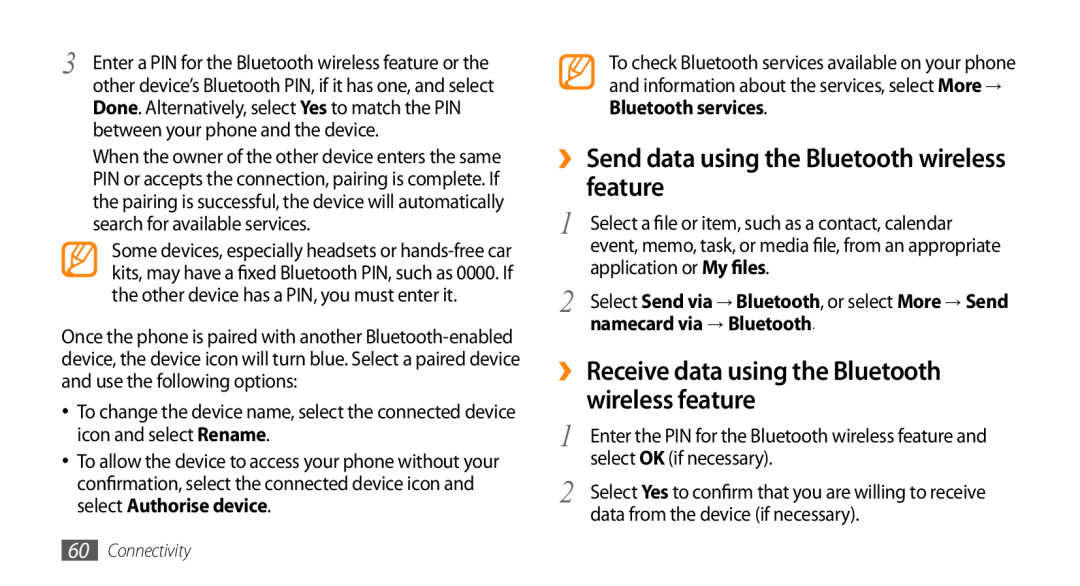 Samsung GT-B7722QKATMC manual ›› Send data using the Bluetooth wireless feature, namecard via → Bluetooth, Connectivity 