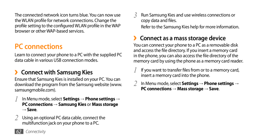 Samsung GT-B7722QKAJED manual PC connections, ›› Connect with Samsung Kies, ›› Connect as a mass storage device, → Save 