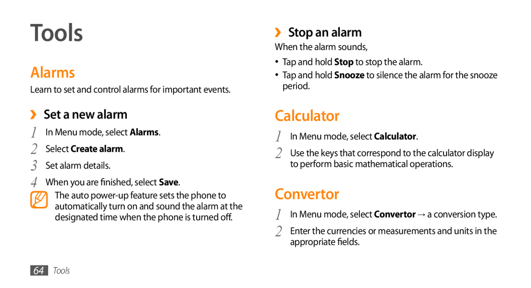 Samsung GT-B7722QKAEGY Tools, Alarms, Calculator, Convertor, ›› Set a new alarm, ›› Stop an alarm, Select Create alarm 