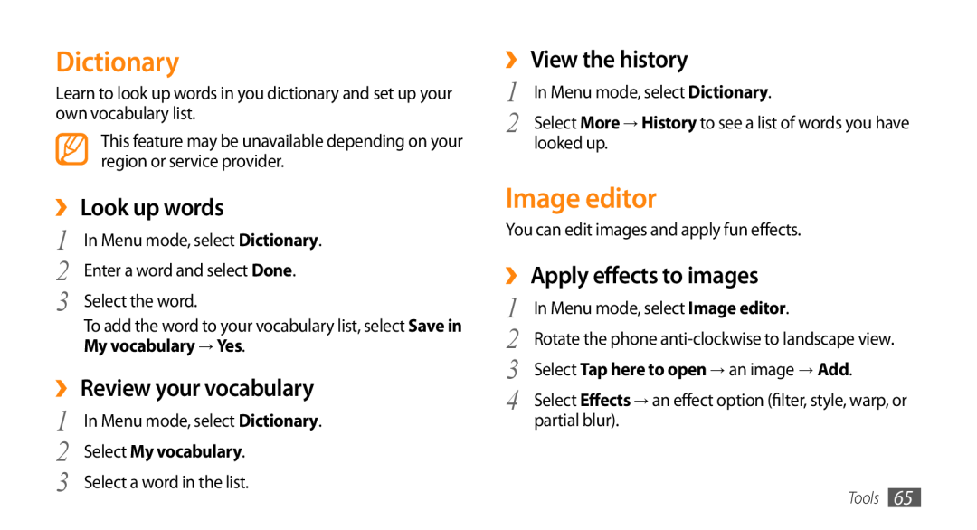 Samsung GT-B7722QKASKZ Dictionary, Image editor, ›› Look up words, ›› Review your vocabulary, ›› View the history, Tools 