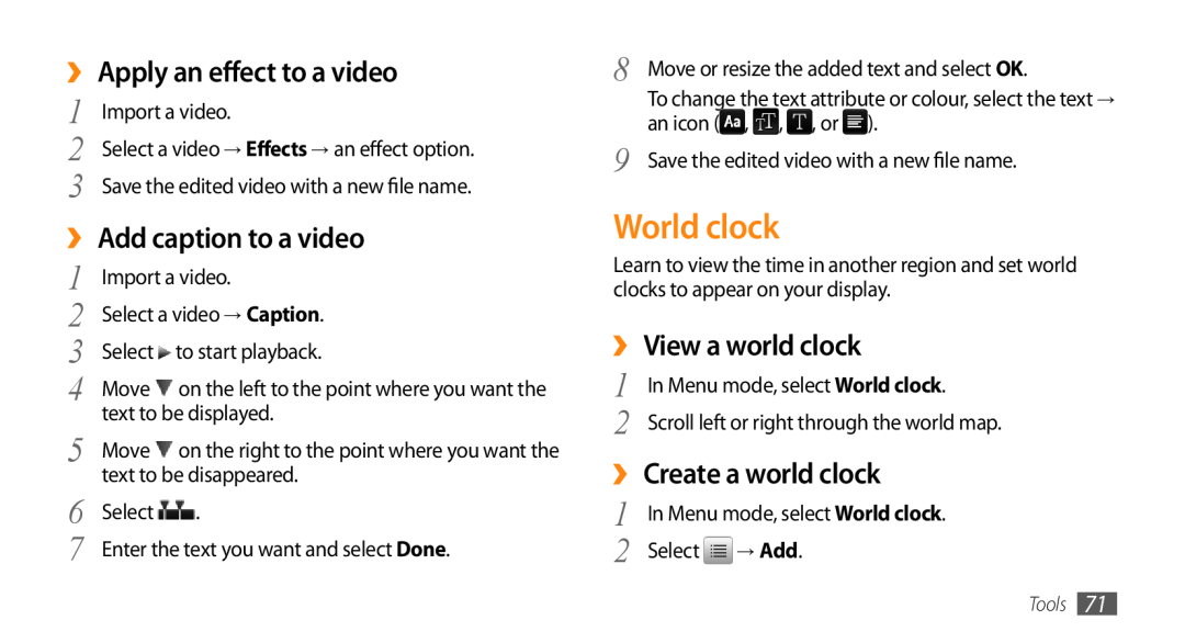 Samsung GT-B7722QKAAFR manual World clock, ›› Apply an effect to a video, ›› Add caption to a video, ›› View a world clock 