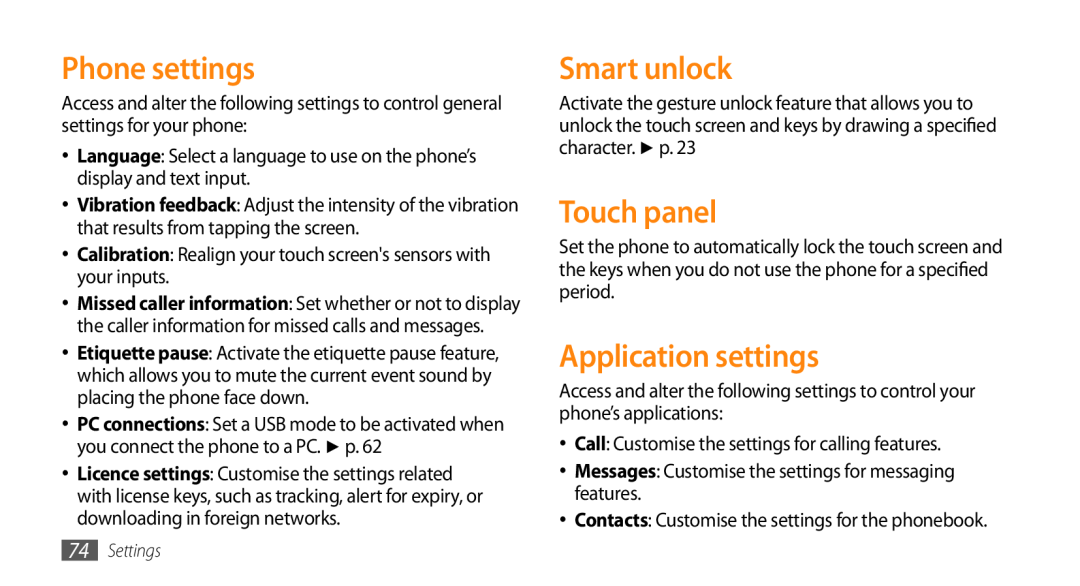 Samsung GT-B7722QKAJED, GT-B7722QKAAFR, GT-B7722QKATMC manual Phone settings, Smart unlock, Touch panel, Application settings 
