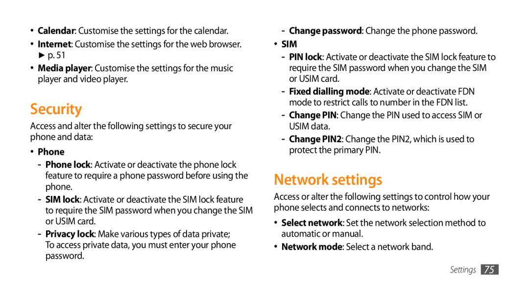 Samsung GT-B7722QKAKSA, GT-B7722QKAAFR, GT-B7722QKATMC, GT-B7722QKAABS, GT-B7722QKAJED manual Security, Network settings, Phone 