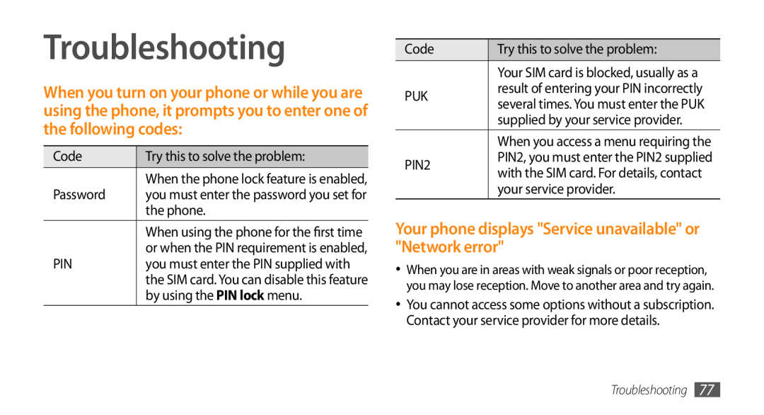 Samsung GT-B7722QKASKZ, GT-B7722QKAAFR manual Troubleshooting, Your phone displays Service unavailable or Network error 