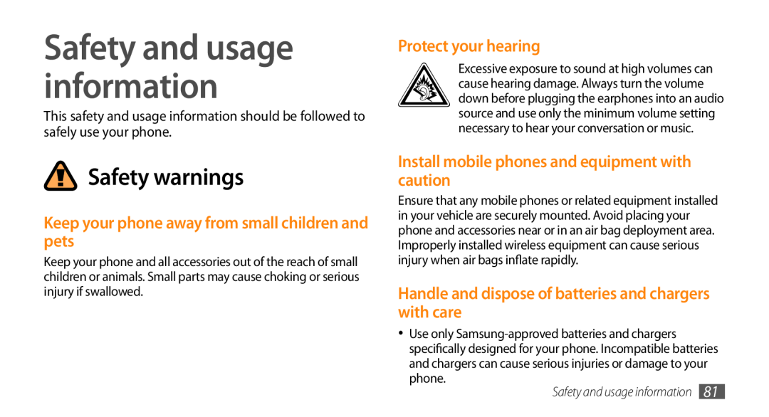 Samsung GT-B7722QKAMMC manual Safety warnings, Keep your phone away from small children and pets, Protect your hearing 
