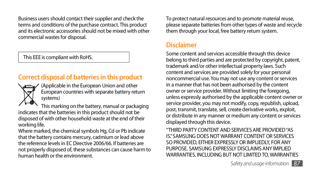 Samsung GT-B7722QKAKSA manual Disclaimer, Correct disposal of batteries in this product, Safety and usage information 