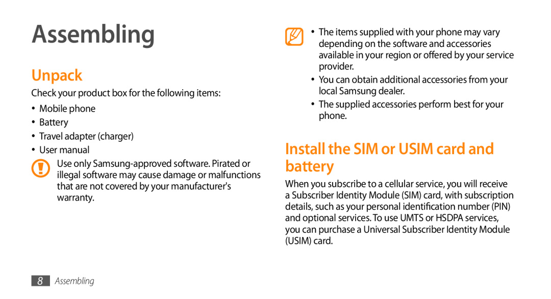 Samsung GT-B7722QKAMID, GT-B7722QKAAFR, GT-B7722QKATMC manual Assembling, Unpack, Install the SIM or USIM card and battery 