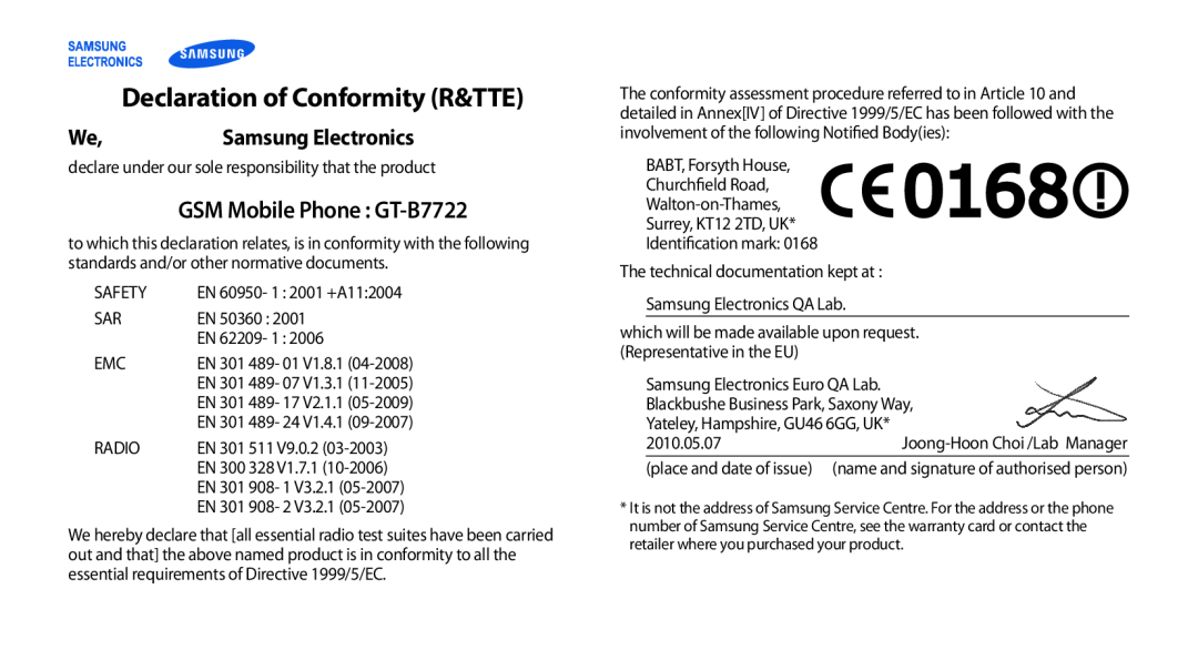 Samsung GT-B7722QKAMMC, GT-B7722QKAAFR, GT-B7722QKATMC manual Declaration of Conformity R&TTE, GSM Mobile Phone GT-B7722 
