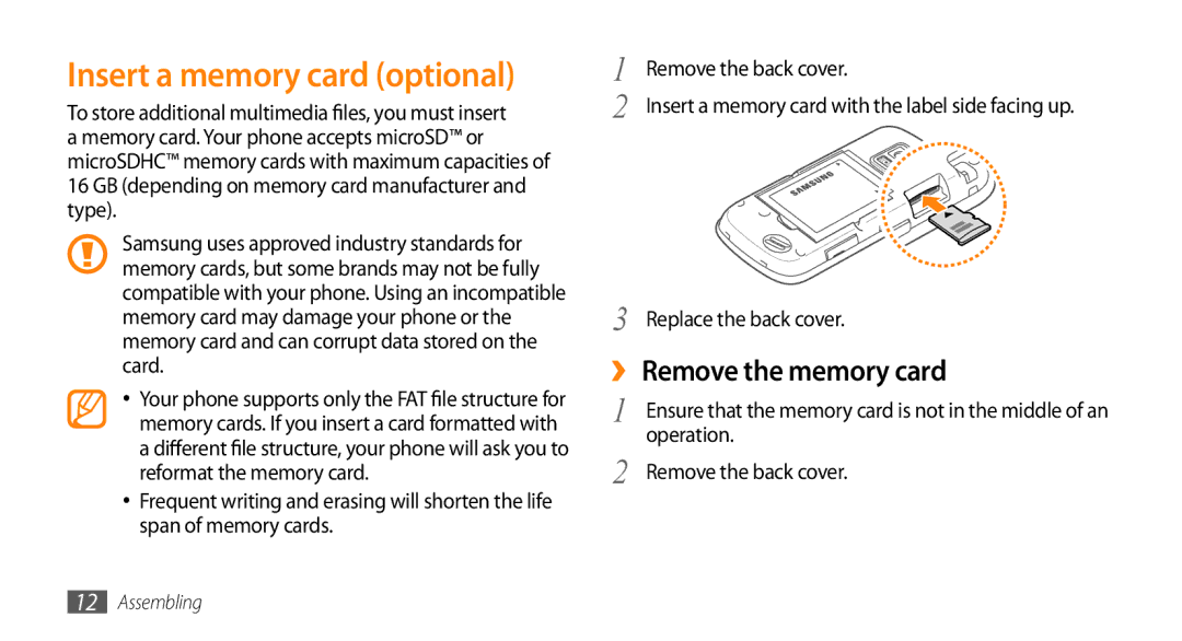 Samsung GT-B7722QKAEUR, GT-B7722QKAHAT, GT-B7722QKAXEO Insert a memory card optional, ›› Remove the memory card, Operation 