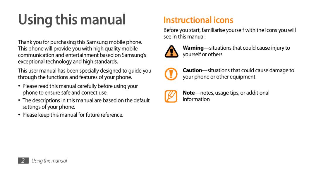 Samsung GT-B7722QKIBGL, GT-B7722QKAHAT, GT-B7722QKAXEO, GT-B7722QKAOMX, GT-B7722QKAIRD Using this manual, Instructional icons 