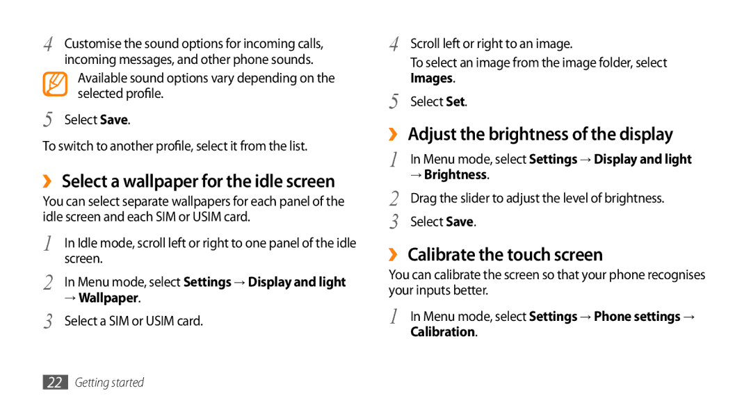 Samsung GT-B7722QKAXEO, GT-B7722QKAHAT manual ›› Adjust the brightness of the display, ›› Calibrate the touch screen 