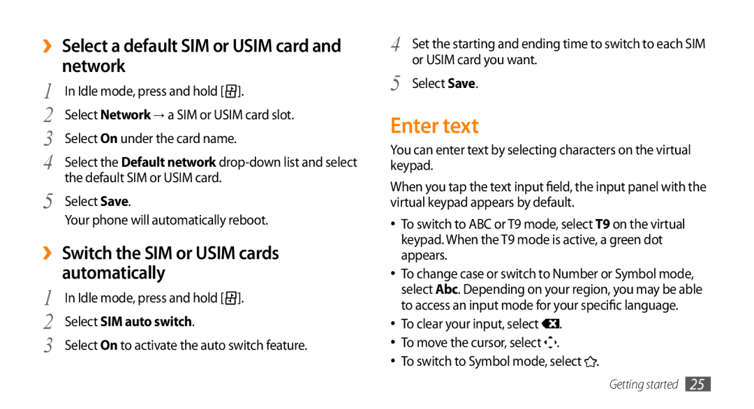 Samsung GT-B7722QKAIRD manual Enter text, ›› Select a default SIM or Usim card and network, Select SIM auto switch 