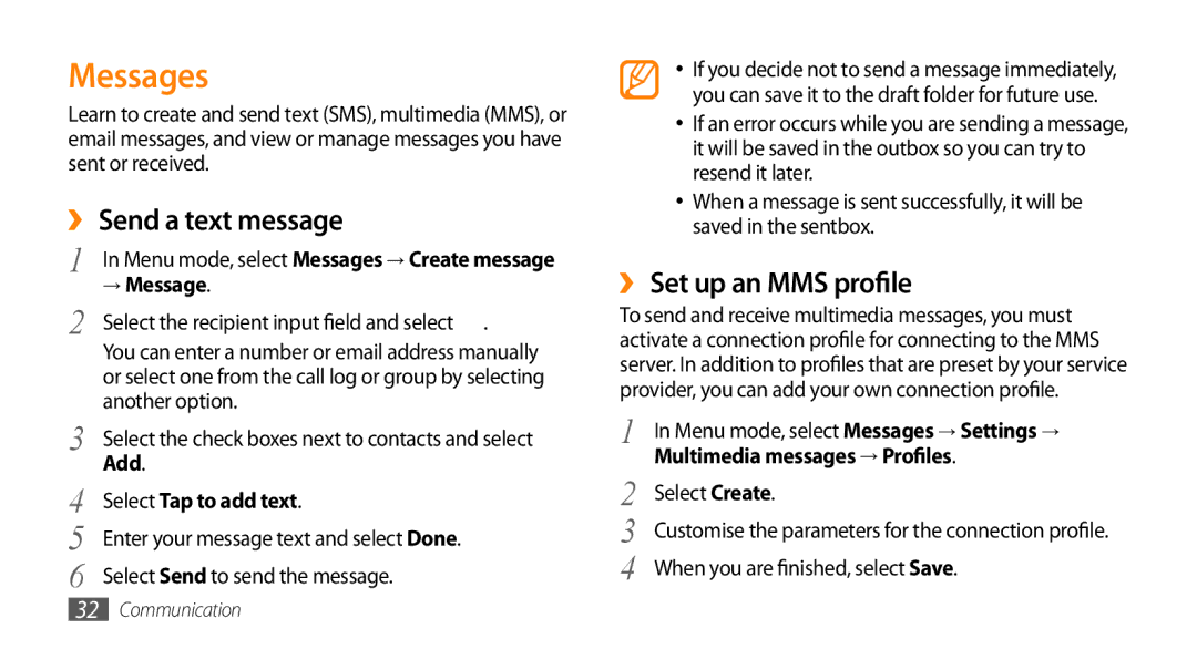Samsung GT-B7722QKAIRD, GT-B7722QKAHAT, GT-B7722QKAXEO manual Messages, ›› Send a text message, ›› Set up an MMS profile 