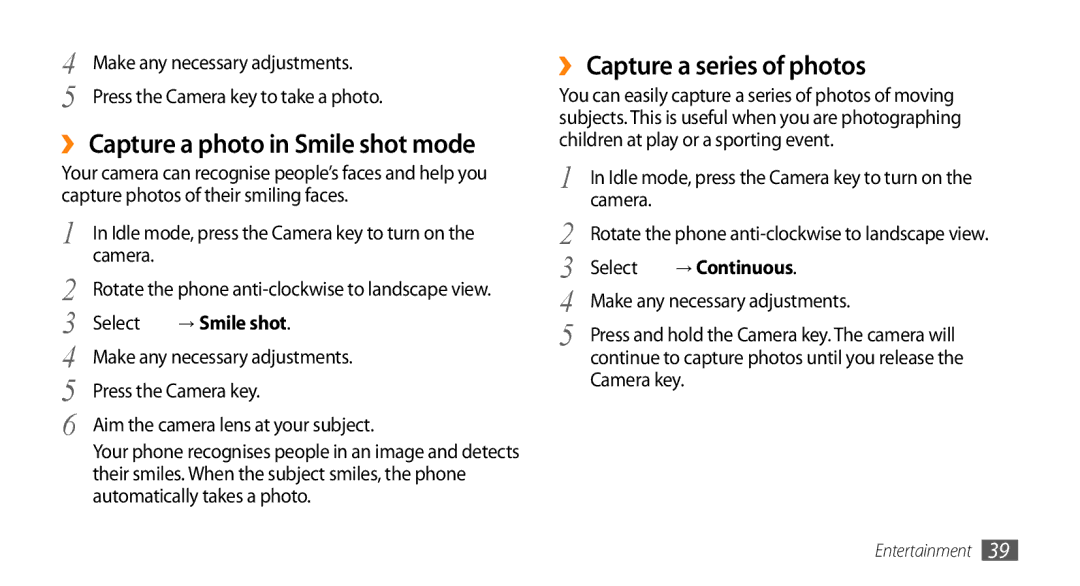 Samsung GT-B7722QKAIRD ›› Capture a photo in Smile shot mode, ›› Capture a series of photos, → Smile shot, → Continuous 