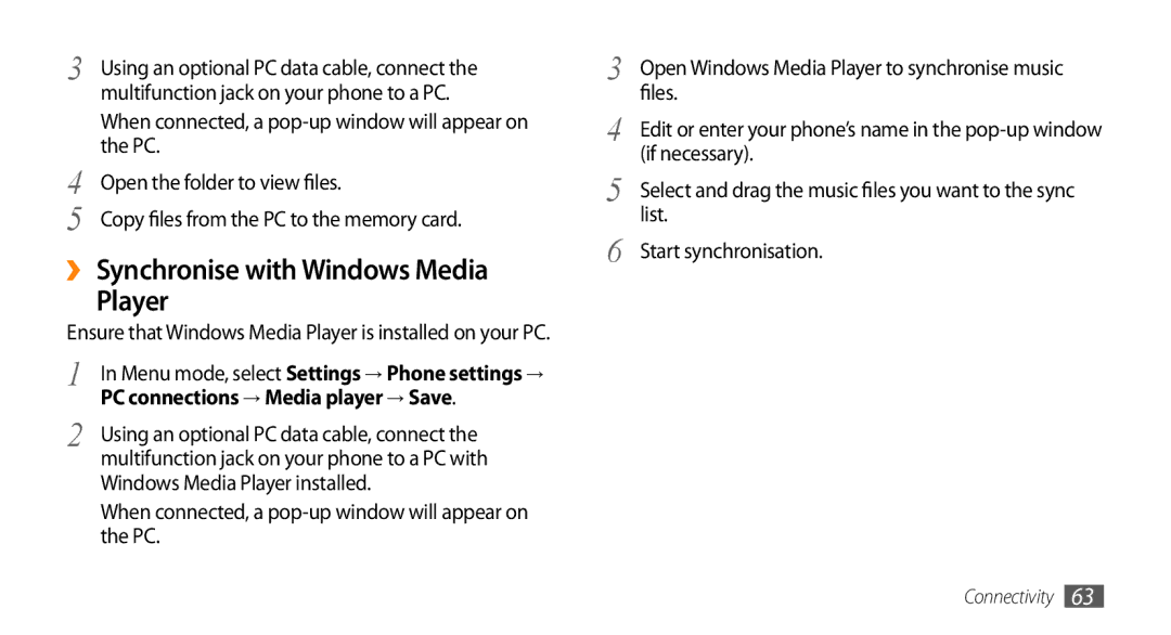 Samsung GT-B7722QKAHAT, GT-B7722QKAXEO manual ›› Synchronise with Windows Media Player, PC connections → Media player → Save 