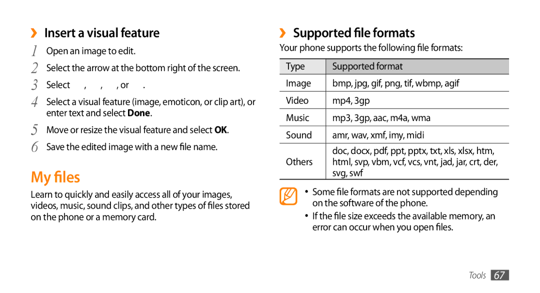 Samsung GT-B7722QKAIRD, GT-B7722QKAHAT manual My files, ›› Insert a visual feature, ›› Supported file formats, Svg, swf 