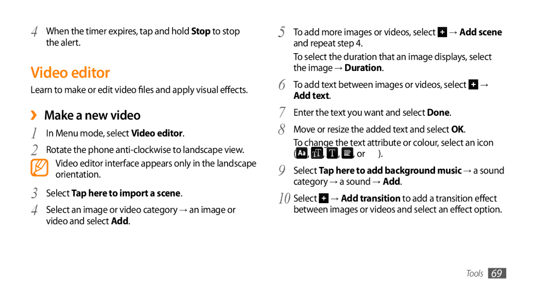 Samsung GT-B7722QKIEUR, GT-B7722QKAHAT manual Video editor, ›› Make a new video, Select Tap here to import a scene, Add text 