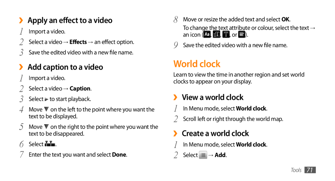 Samsung GT-B7722QKAXEO manual World clock, ›› Apply an effect to a video, ›› Add caption to a video, ›› View a world clock 