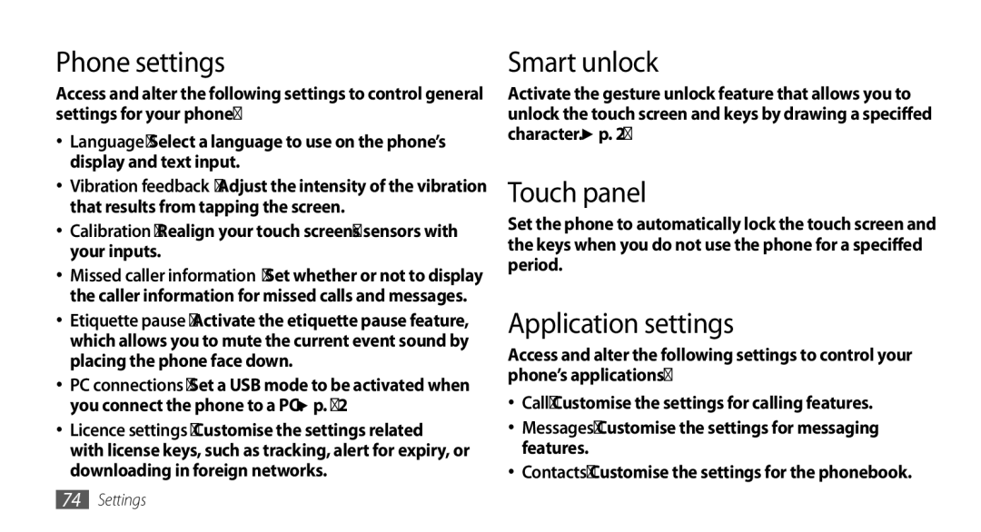 Samsung GT-B7722QKAIRD, GT-B7722QKAHAT, GT-B7722QKAXEO manual Phone settings, Smart unlock, Touch panel, Application settings 