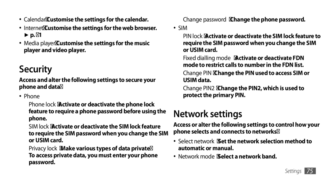 Samsung GT-B7722QKAEUR, GT-B7722QKAHAT, GT-B7722QKAXEO, GT-B7722QKIBGL, GT-B7722QKAOMX manual Security, Network settings, Phone 