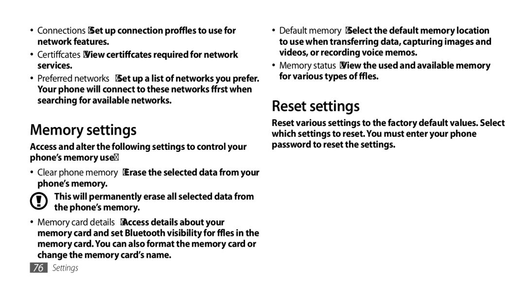 Samsung GT-B7722QKIEUR, GT-B7722QKAHAT, GT-B7722QKAXEO, GT-B7722QKIBGL, GT-B7722QKAOMX manual Memory settings, Reset settings 