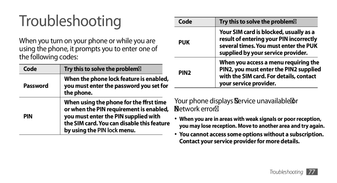 Samsung GT-B7722QKAHAT, GT-B7722QKAXEO manual Troubleshooting, Your phone displays Service unavailable or Network error 