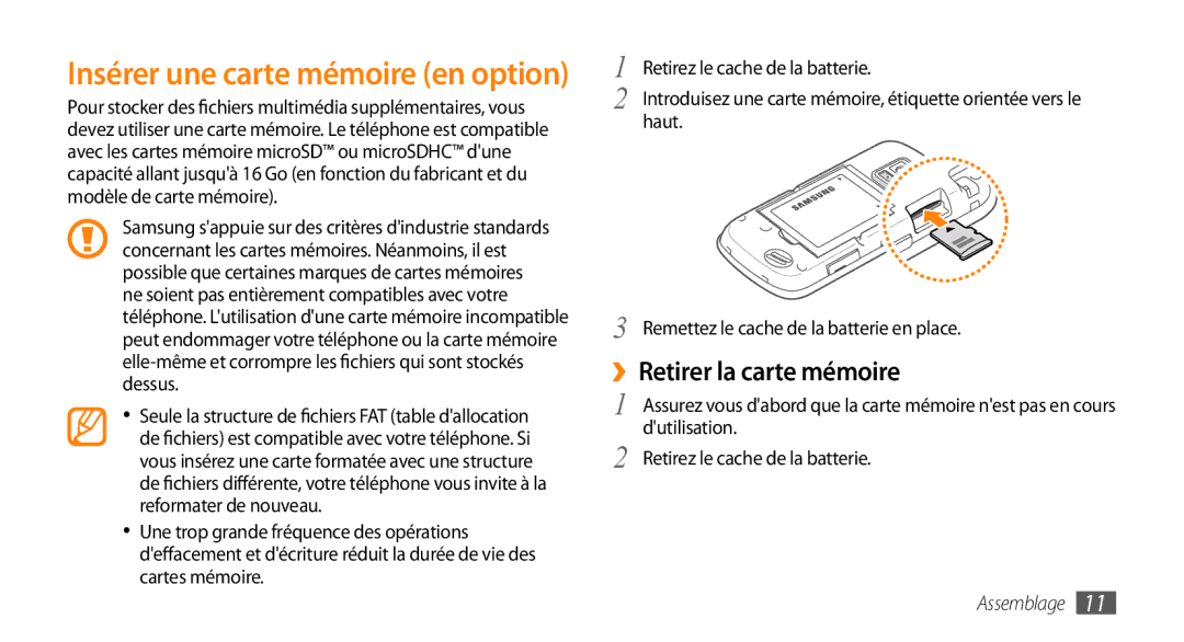 Samsung GT-B7722QKAOMX manual ››Retirer la carte mémoire, Haut Remettez le cache de la batterie en place, Dutilisation 