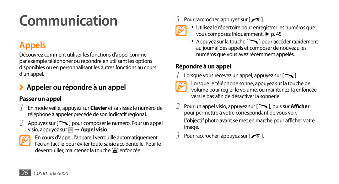 Samsung GT-B7722QKIBGL, GT-B7722QKAHAT, GT-B7722QKAXEO manual Communication, Appels, ››Appeler ou répondre à un appel 