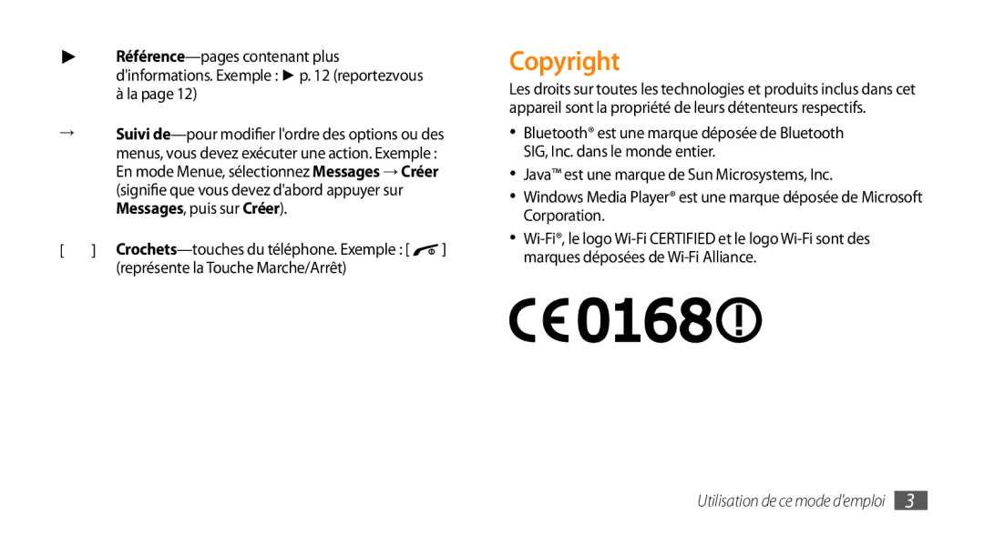 Samsung GT-B7722QKAOMX, GT-B7722QKAHAT, GT-B7722QKAXEO, GT-B7722QKIBGL manual Copyright, Représente la Touche Marche/Arrêt 